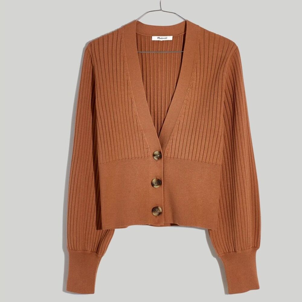 Madewell Langley Slim Cardigan Sweater Womens XS in Faded Earth Ribbed V-Neck
